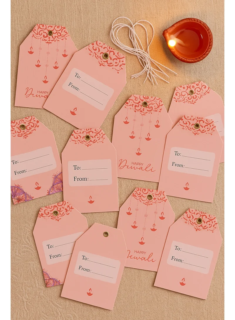 شير ذا لوف  شارك الحب بطاقات هدايا ديوالي السعيدة - عبوة من 10 بطاقات، تصميم ديوالي معلق باللون الوردي مع فتحات ذهبية وخيوط - بطاقات هدايا احتفالية أنيقة للحقائب والصناديق والتغليف