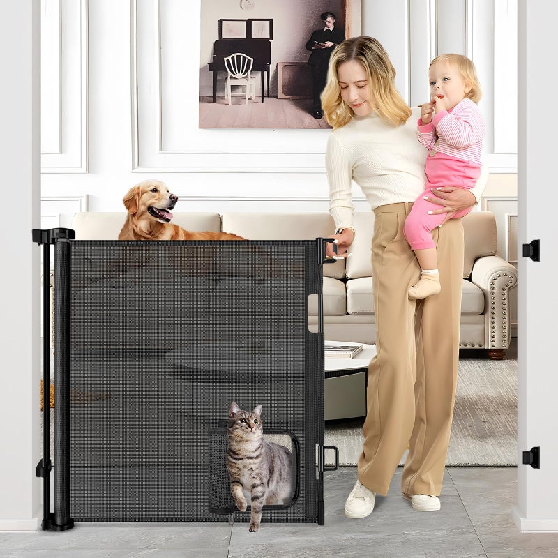 BETERTEK Retractable Baby Gates with Door 55" Wide Retractable Dog Gate with Pet Door Outdoor Retractable Gate for Dogs Mesh Baby Gate Retractable Pet Gate with Cat Door Retractable Child Gates for Doorways - Image 1
