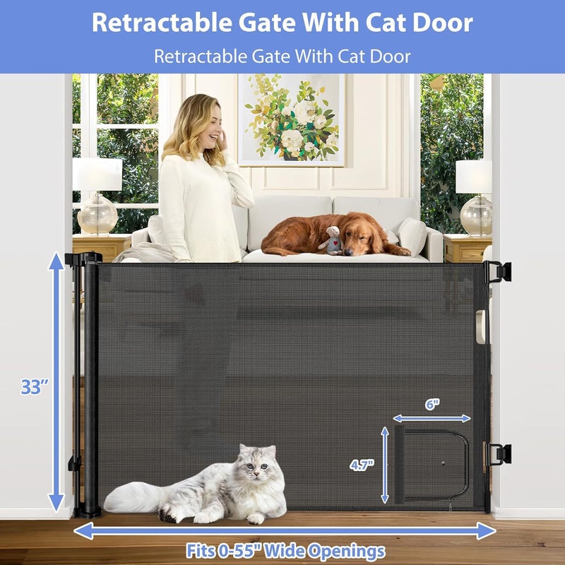 BETERTEK Retractable Baby Gates with Door 55" Wide Retractable Dog Gate with Pet Door Outdoor Retractable Gate for Dogs Mesh Baby Gate Retractable Pet Gate with Cat Door Retractable Child Gates for Doorways - Image 2