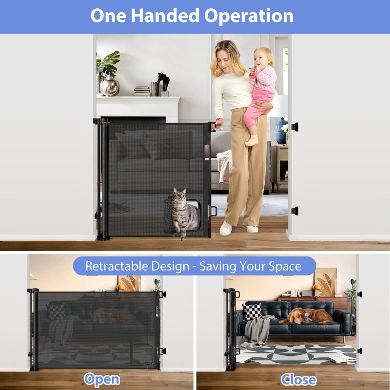 BETERTEK Retractable Baby Gates with Door 55" Wide Retractable Dog Gate with Pet Door Outdoor Retractable Gate for Dogs Mesh Baby Gate Retractable Pet Gate with Cat Door Retractable Child Gates for Doorways - Image 4