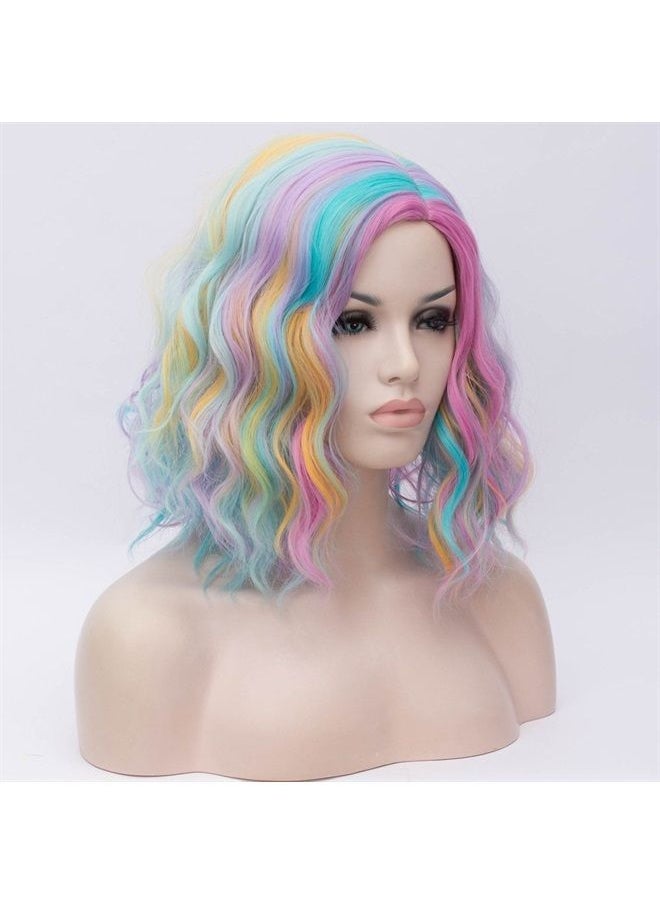 BERON 14" Women Girls Short Curly Bob Wavy Wig Body Wave Halloween Cosplay Daily Party Wigs (Rainbow) 
