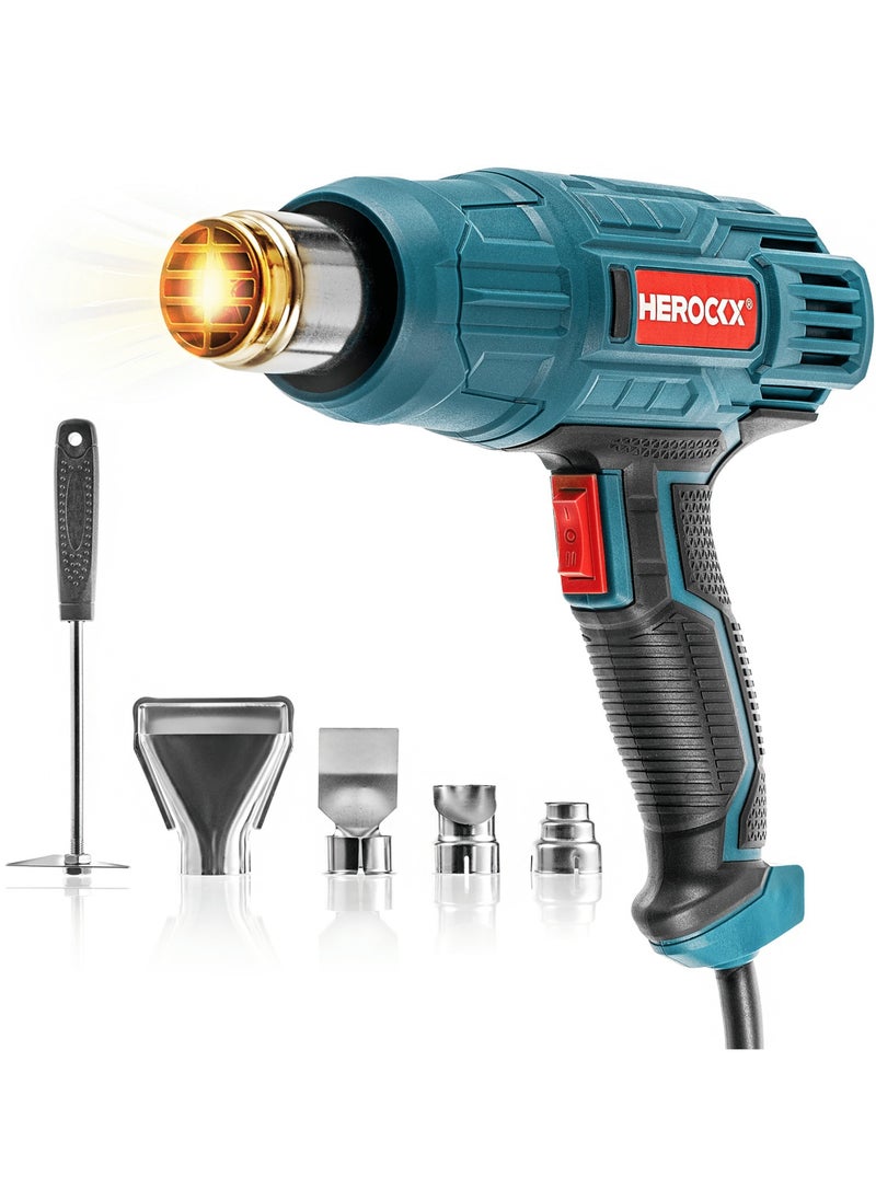 HEROCKX Heat Gun, HEROCKX 2000W Heavy Duty Hot Air Gun Kit Dual Temperature Settings 662℉~1112℉ (350℃-600℃), Overload Protection with 5 Nozzles for Crafts, Shrink Wrapping/Tubing, Paint Removing, Epoxy Resin  - Image 1