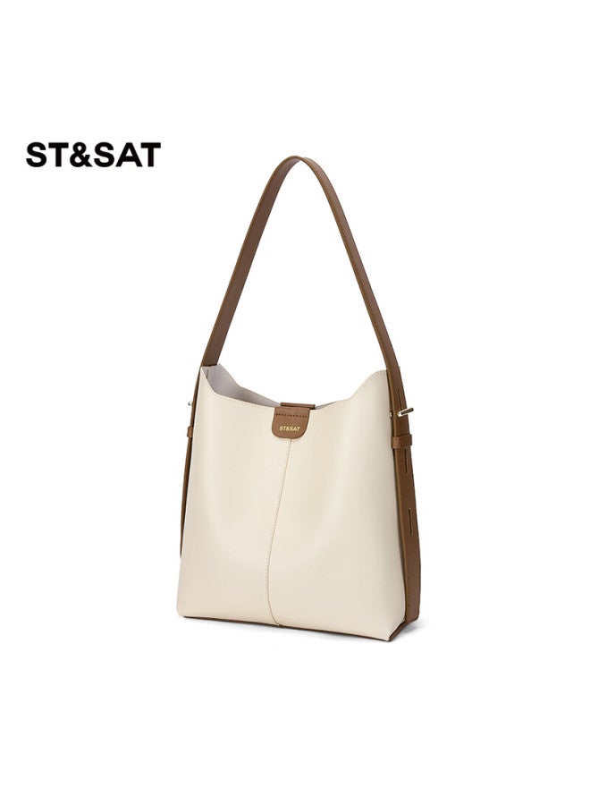 St&Sat Saay Large Capacity Tote Bag Single Shoulder Crossbody Bag Bucket Bag Work Commute Bag Birthday Gift - White - Image 4