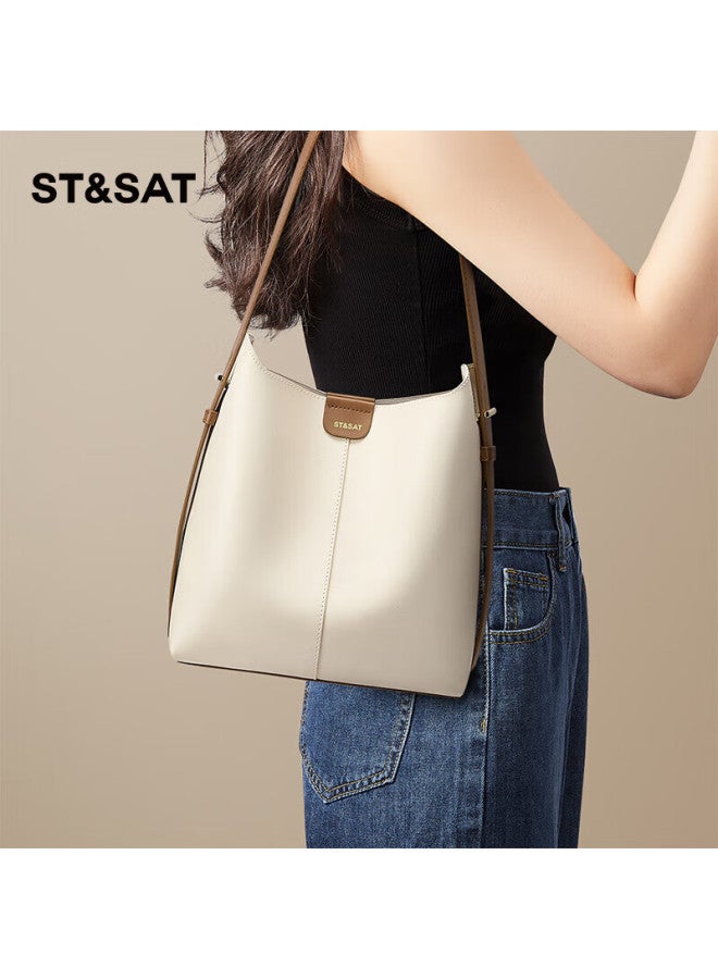 St&Sat Saay Large Capacity Tote Bag Single Shoulder Crossbody Bag Bucket Bag Work Commute Bag Birthday Gift - White - Image 1