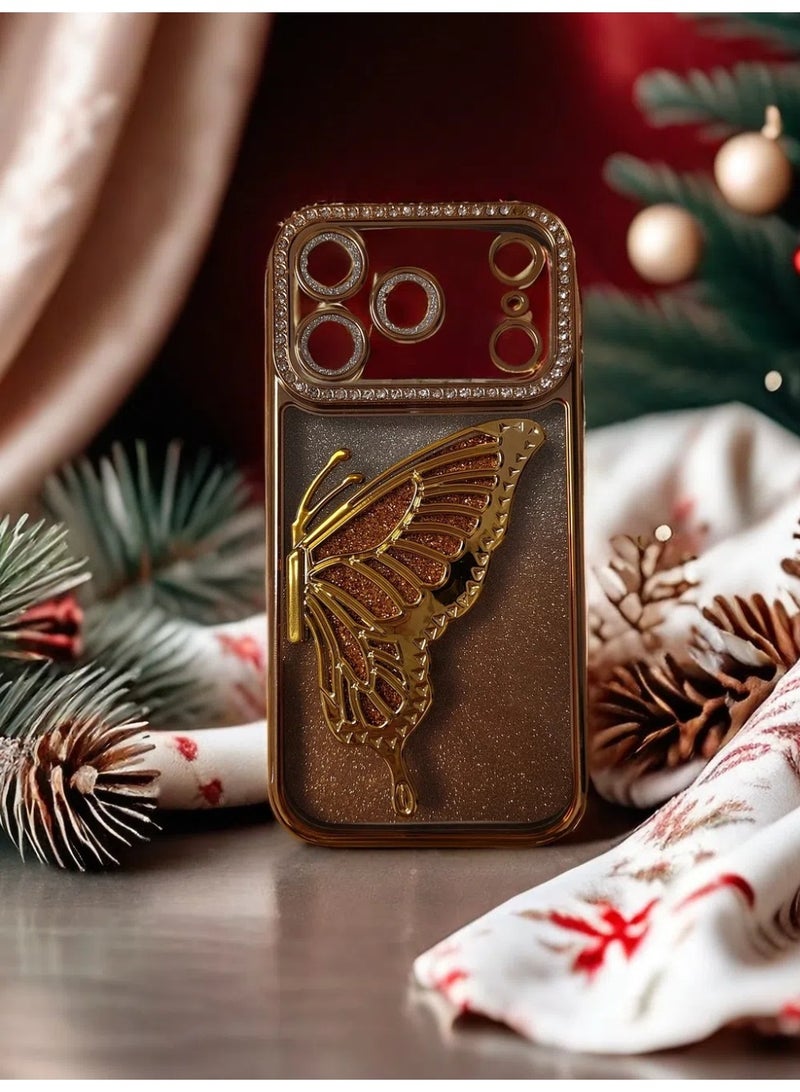 iPhone 17 Pro Case with Butterfly Kickstand，【Anti-Yellowing】Crystal Clear  Military-Grade Protection Airbag Shockproof Back Cover, Ultra Slim Phone Case for iPhone 17 Pro——Golden - Image 1