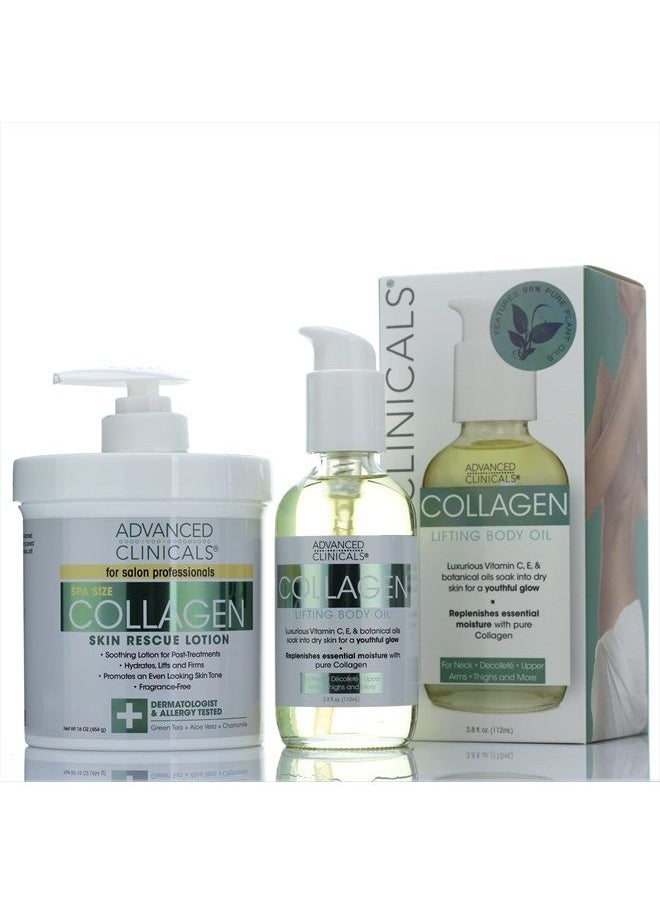 Advanced Clinicals مجموعة كريم الكولاجين للجسم + زيت الكولاجين للجسم للعناية بالبشرة مكونة من قطعتين - مجموعة مرطبات لشد البشرة وتقويتها وترطيبها لتحسين مظهر التجاعيد والجلد المجعد وعلامات التمدد  - Image 1