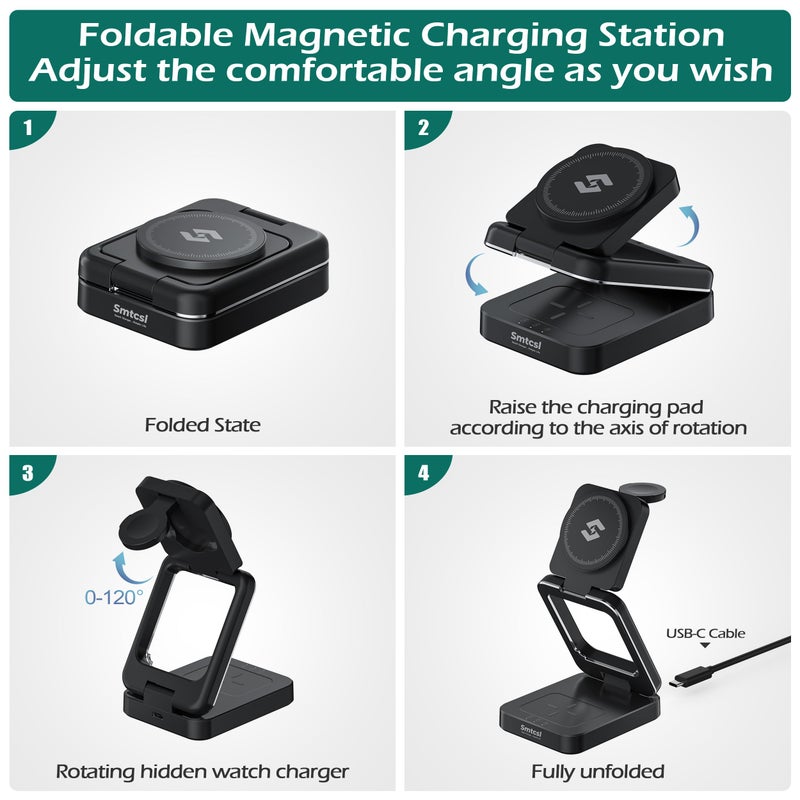 Smtcsl 3-in-1 Foldable Wireless Charging Station: Magnetic Charger Pad Compatible with Phone air 17 16 15 14 13 12 Series/Watch/Air Pods - Portable Folding Stand for Travel - Image 4