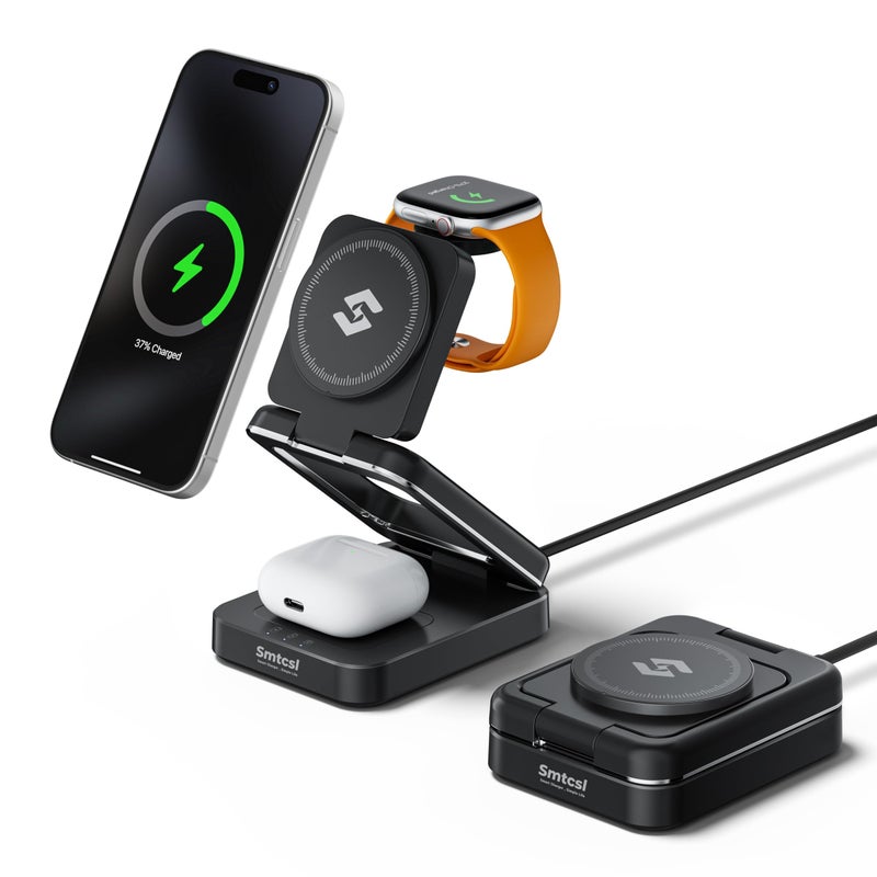 Smtcsl 3-in-1 Foldable Wireless Charging Station: Magnetic Charger Pad Compatible with Phone air 17 16 15 14 13 12 Series/Watch/Air Pods - Portable Folding Stand for Travel - Image 1