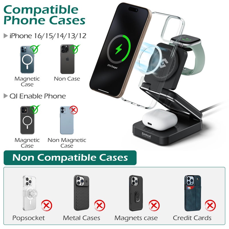 Smtcsl 3-in-1 Foldable Wireless Charging Station: Magnetic Charger Pad Compatible with Phone air 17 16 15 14 13 12 Series/Watch/Air Pods - Portable Folding Stand for Travel - Image 5