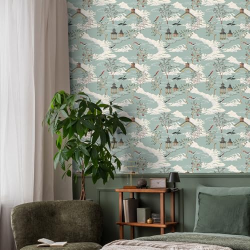 VaryStyle 17.7"x118" Chinoiserie Landscape Wallpaper Sage Green Peel and Stick Wallpaper Vintage Mountain Tree Floral Wall Paper Removable Self Adhesive Contact Paper for Cabinets Bedroom Living Room - Image 4