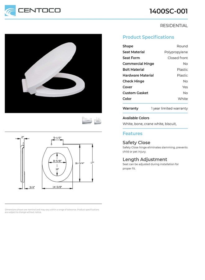Centoco Round Toilet Seat Soft Close, Closed Front with Cover, Premium Seat, Plastic, Made in the USA, 1400SC-106, Bone - Image 2