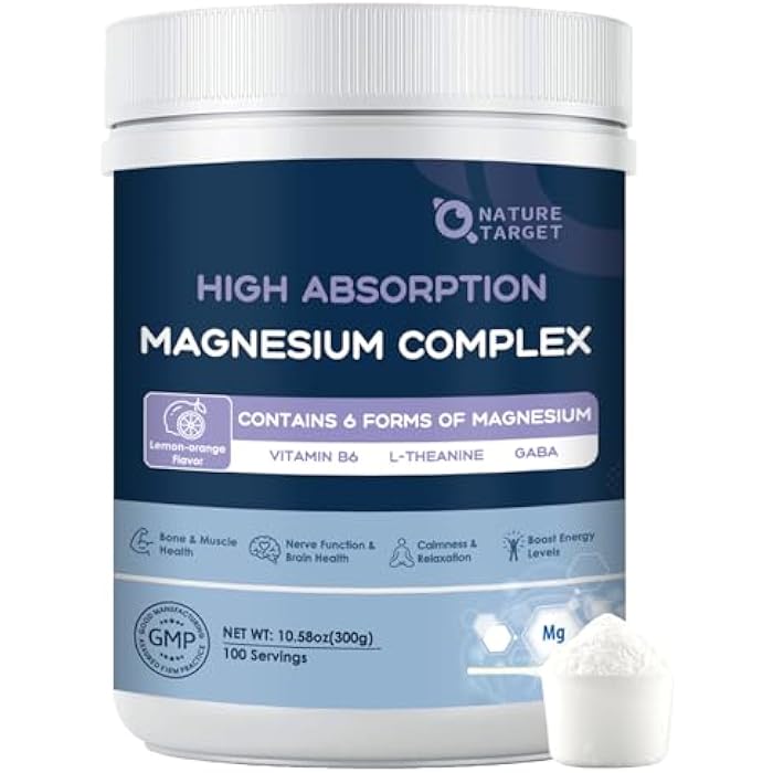 NATURE TARGET Magnesium Powder Supplement with Glycinate, Citrate, Malate, Magnesium Complex with L-Theanine & Vitamin B6 for Muscle, Heart & Brain, Vegan, 10.58 oz (100 Servings), Lemon Orange Flavor - Image 1