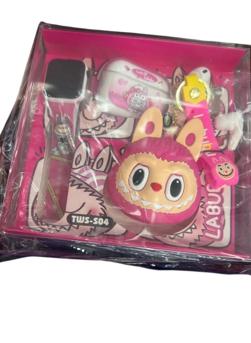 Toy Box Cute Labubu - themed smartwatch set includes a watch with a patterned band, a protective case, a keychain, and a pair of earbuds for children
