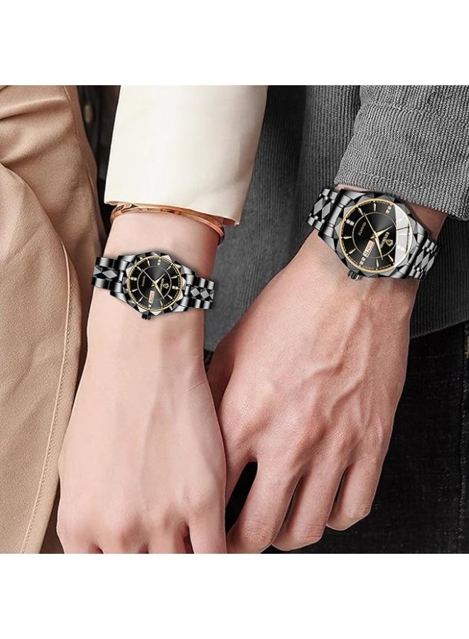 BINBOND His and Hers Matching Couple Watches Set - Stainless Steel Quartz Watch with Luminous Dial, Date Display, Water Resistant - Valentine's Day Gift for Couples (Black Band) - Image 2