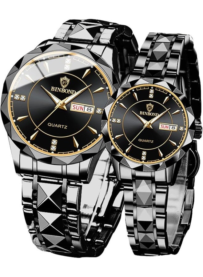 BINBOND His and Hers Matching Couple Watches Set - Stainless Steel Quartz Watch with Luminous Dial, Date Display, Water Resistant - Valentine's Day Gift for Couples (Black Band) - Image 1