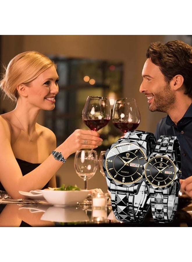 BINBOND His and Hers Matching Couple Watches Set - Stainless Steel Quartz Watch with Luminous Dial, Date Display, Water Resistant - Valentine's Day Gift for Couples (Black Band) - Image 3