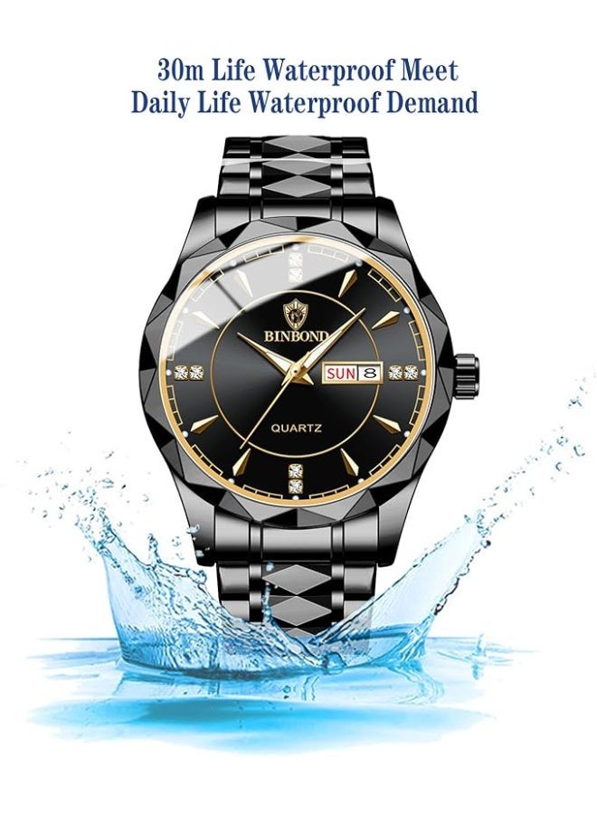 BINBOND His and Hers Matching Couple Watches Set - Stainless Steel Quartz Watch with Luminous Dial, Date Display, Water Resistant - Valentine's Day Gift for Couples (Black Band) - Image 4