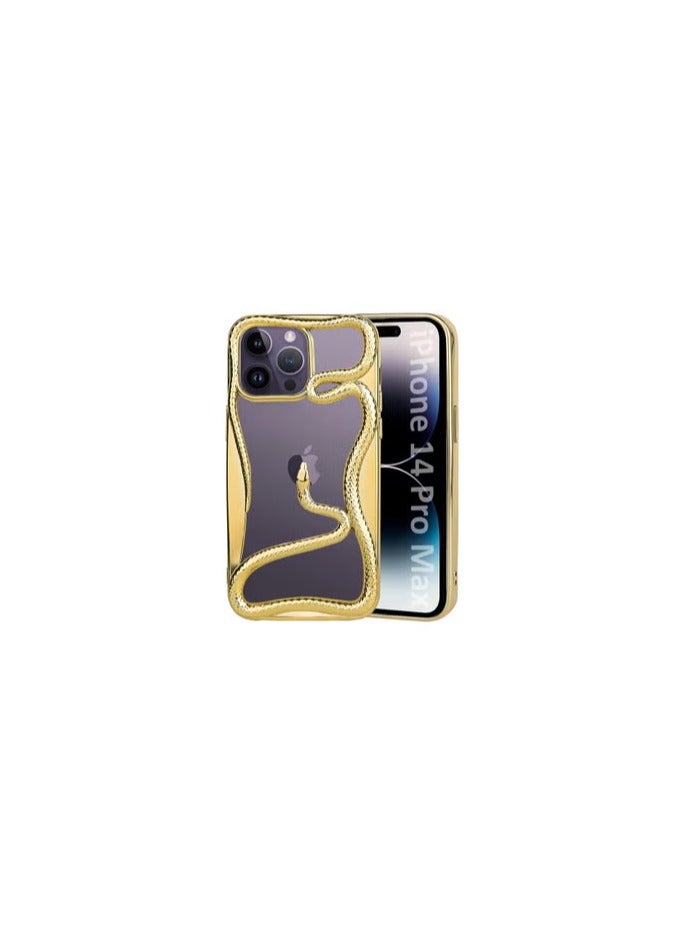 CATANES iPhone 14 Pro Max Case Cover Soft TPU and Glossy with Snake Design - Gold - Image 2