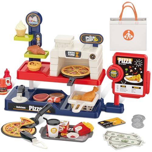 deAO Pretend Play Store Pizza Play Set for Kids Realistic Pizza Pie Pretend Play FoodSlice and Serve Plastic Kitchen Cooking and Cutting Playset Red - Image 1