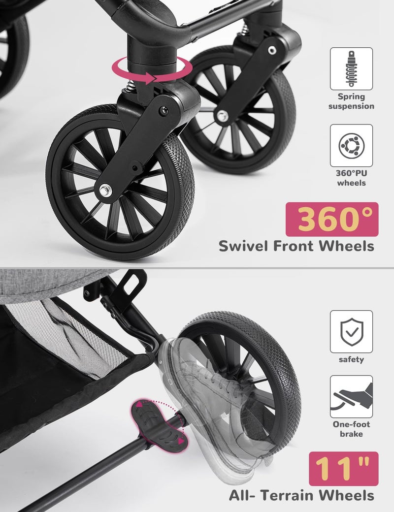 SUNTHX Dog Stroller for Small Medium Dogs Up to 60lbs, 4 Wheels Folding Pet Stroller with Detachable Carrier, Pet Travel Carrier for 2 Dogs & Cats, Storage Basket, Breathable, Grey - Image 4