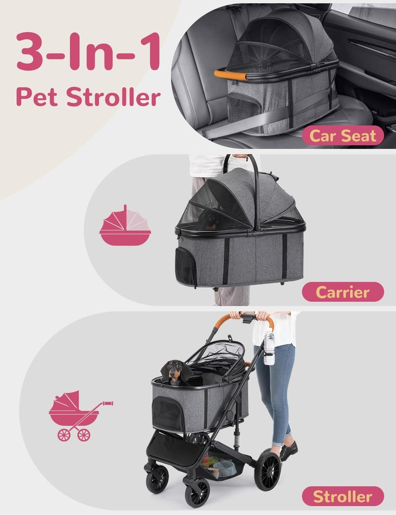 SUNTHX Dog Stroller for Small Medium Dogs Up to 60lbs, 4 Wheels Folding Pet Stroller with Detachable Carrier, Pet Travel Carrier for 2 Dogs & Cats, Storage Basket, Breathable, Grey - Image 2