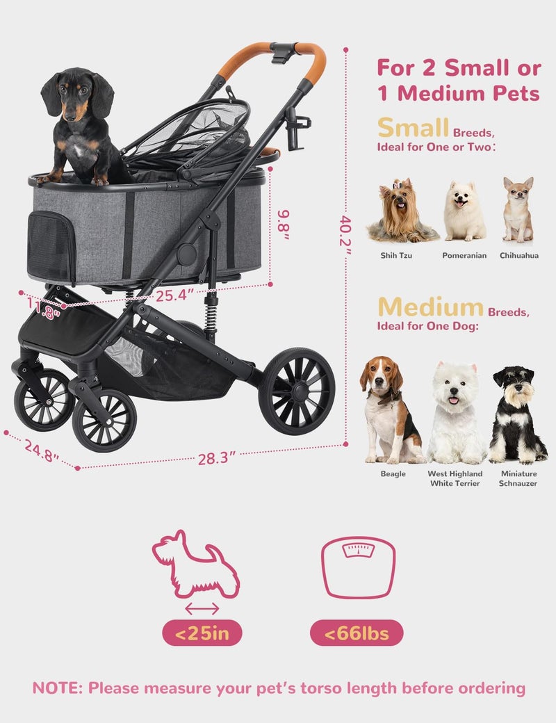 SUNTHX Dog Stroller for Small Medium Dogs Up to 60lbs, 4 Wheels Folding Pet Stroller with Detachable Carrier, Pet Travel Carrier for 2 Dogs & Cats, Storage Basket, Breathable, Grey - Image 3
