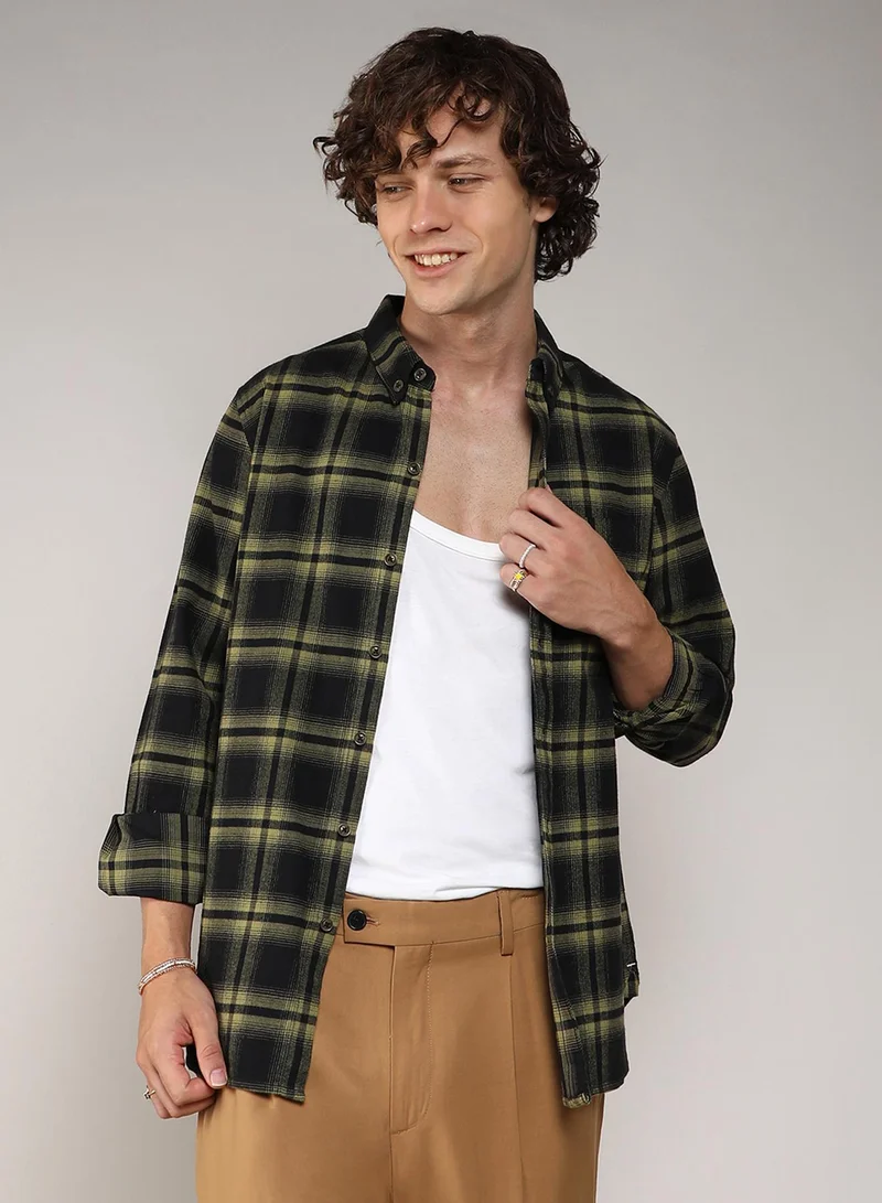 كامبوس سوترا Men's Midnight Black & Sage Green Brushed Buffalo Check ShirtFor Casual Wear | Spread Collar | Long Sleeve | Button Closure | Shirt Crafted With Comfort Fit For Everyday Wear