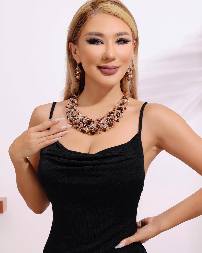 Bocar Fashion Crystal Chunky Collar Statement Necklace Earring Set for Women Gift (NK-10260-Amber Brown) - Image 2