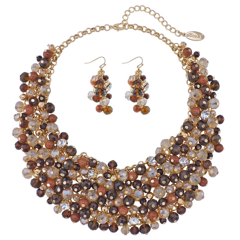 Bocar Fashion Crystal Chunky Collar Statement Necklace Earring Set for Women Gift (NK-10260-Amber Brown) - Image 1