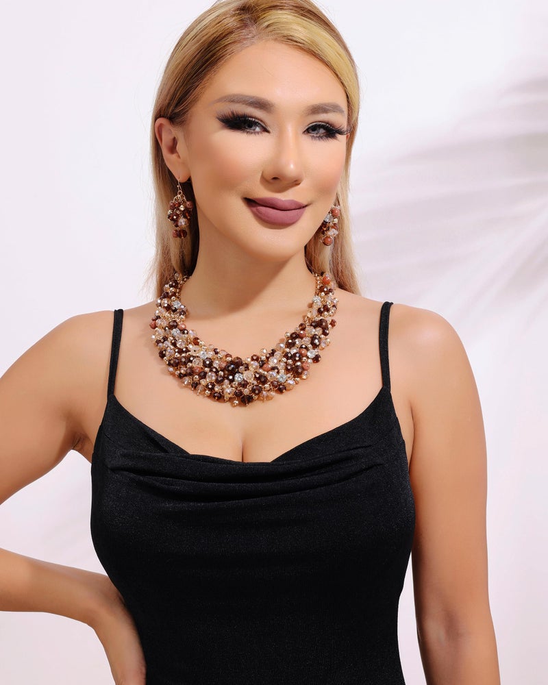 Bocar Fashion Crystal Chunky Collar Statement Necklace Earring Set for Women Gift (NK-10260-Amber Brown) - Image 3