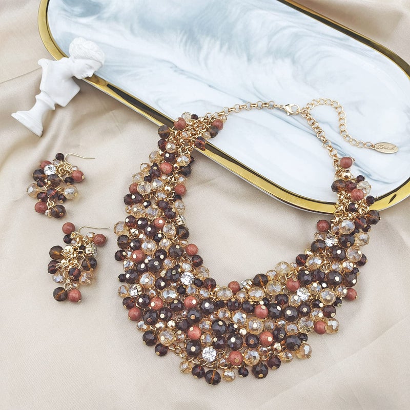 Bocar Fashion Crystal Chunky Collar Statement Necklace Earring Set for Women Gift (NK-10260-Amber Brown) - Image 4
