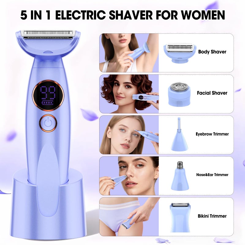Dumite 5 in 1 Bikini Trimmer for Women,IPX7 Waterproof Cordless Replaceable Pubic,Eyebrow,Facial Electric Razors&Nose Hair Trimmer&Painless Body Shaver for Arms Legs Underarms,USB Charge,LED Display,Wet&Dry - Image 2