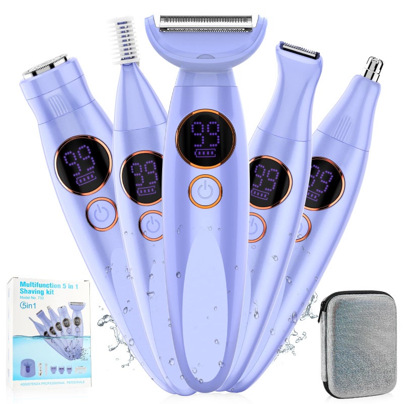 Dumite 5 in 1 Bikini Trimmer for Women,IPX7 Waterproof Cordless Replaceable Pubic,Eyebrow,Facial Electric Razors&Nose Hair Trimmer&Painless Body Shaver for Arms Legs Underarms,USB Charge,LED Display,Wet&Dry - Image 1