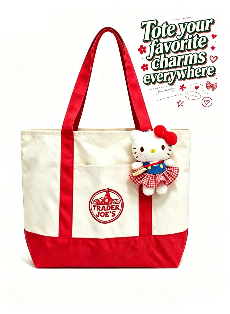 Trader Joe's Large Canvas Reusable Grocery Shoulder Tote Bag with Blank Surface for Personal DIY Painting Sticker Decorations- Red - Image 2