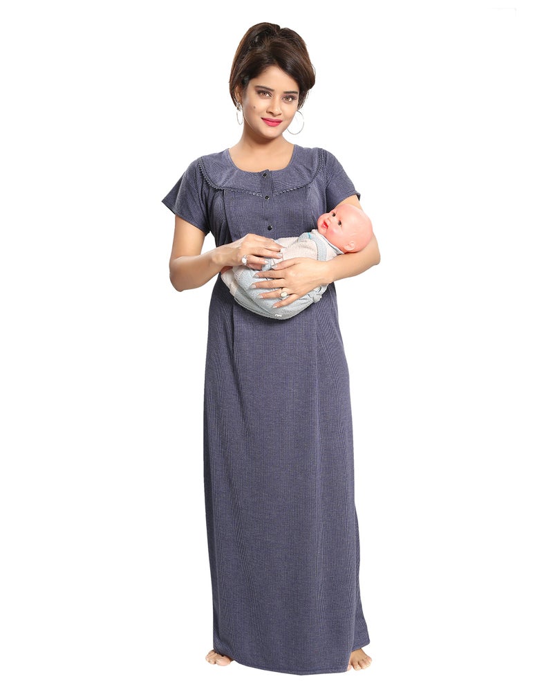 Fabme Women's Cotton Textured Floor Length Nursing Nighty (Navy Blue_Free Size_NW0142_Navy Blue_Free Size) - Image 1