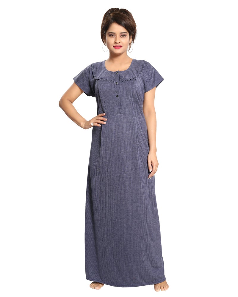Fabme Women's Cotton Textured Floor Length Nursing Nighty (Navy Blue_Free Size_NW0142_Navy Blue_Free Size) - Image 5