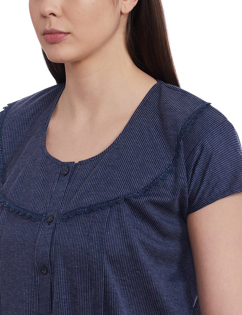 Fabme Women's Cotton Textured Floor Length Nursing Nighty (Navy Blue_Free Size_NW0142_Navy Blue_Free Size) - Image 2