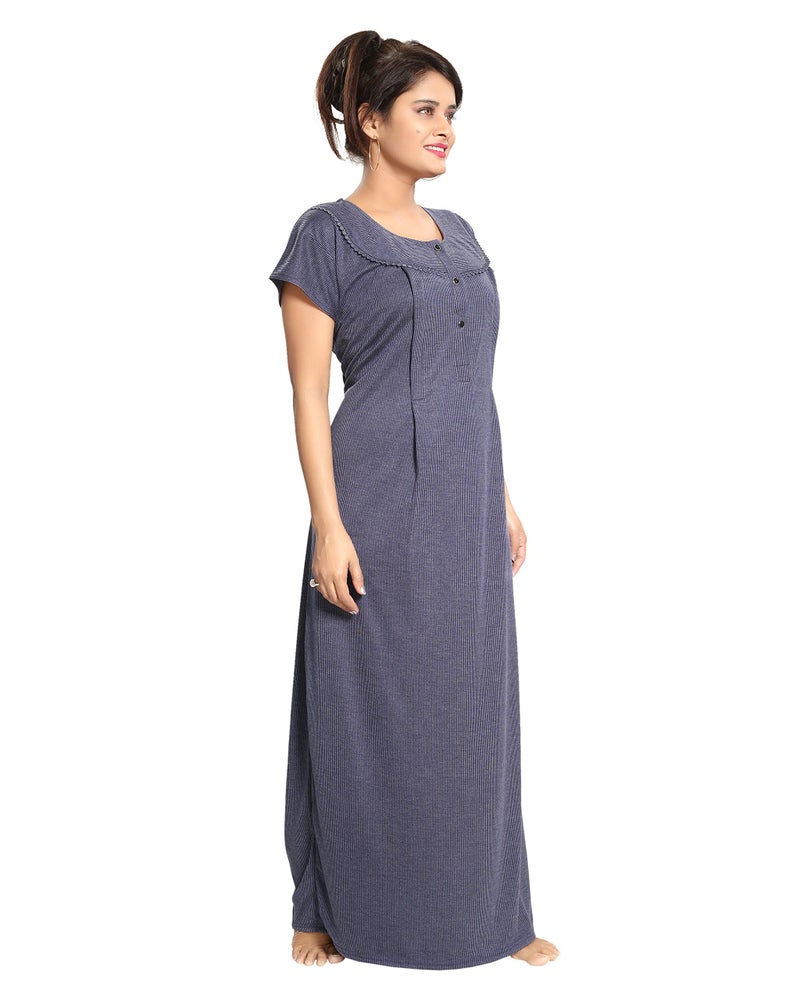 Fabme Women's Cotton Textured Floor Length Nursing Nighty (Navy Blue_Free Size_NW0142_Navy Blue_Free Size) - Image 3