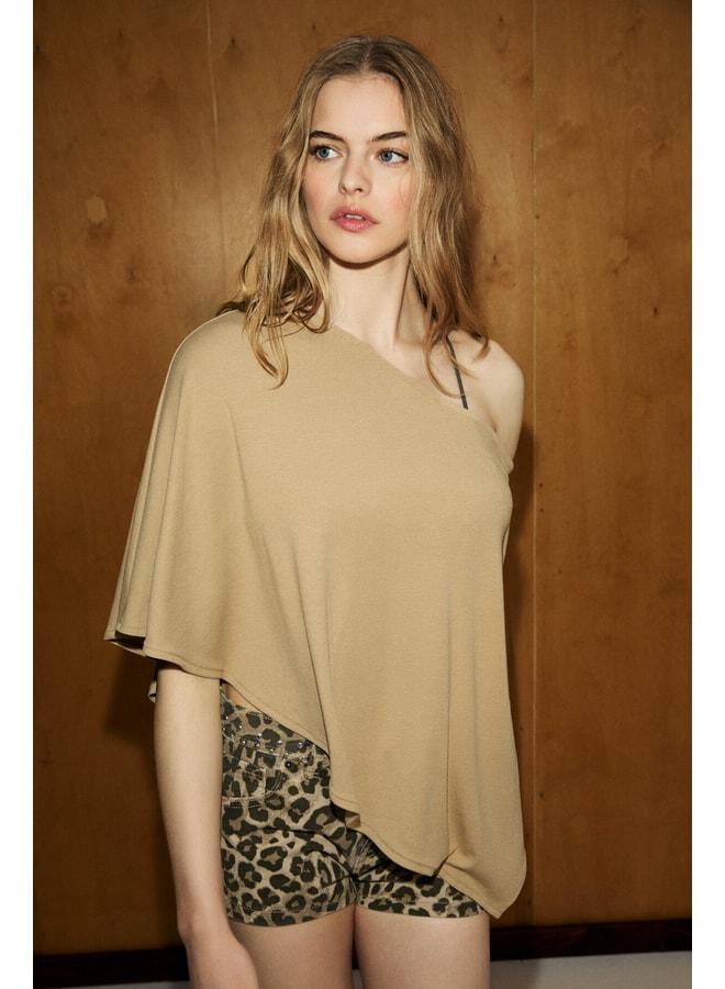 GRIMELANGE CAPITANA Women's Cardigan Soft and Stretchy Fabric Shoulder-Detail Thin Beige Blouse. - Image 2