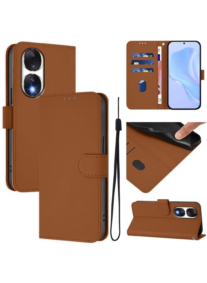 For Honor 90 Skin Feel Solid Color Leather Phone Case with Lanyard(Brown)
