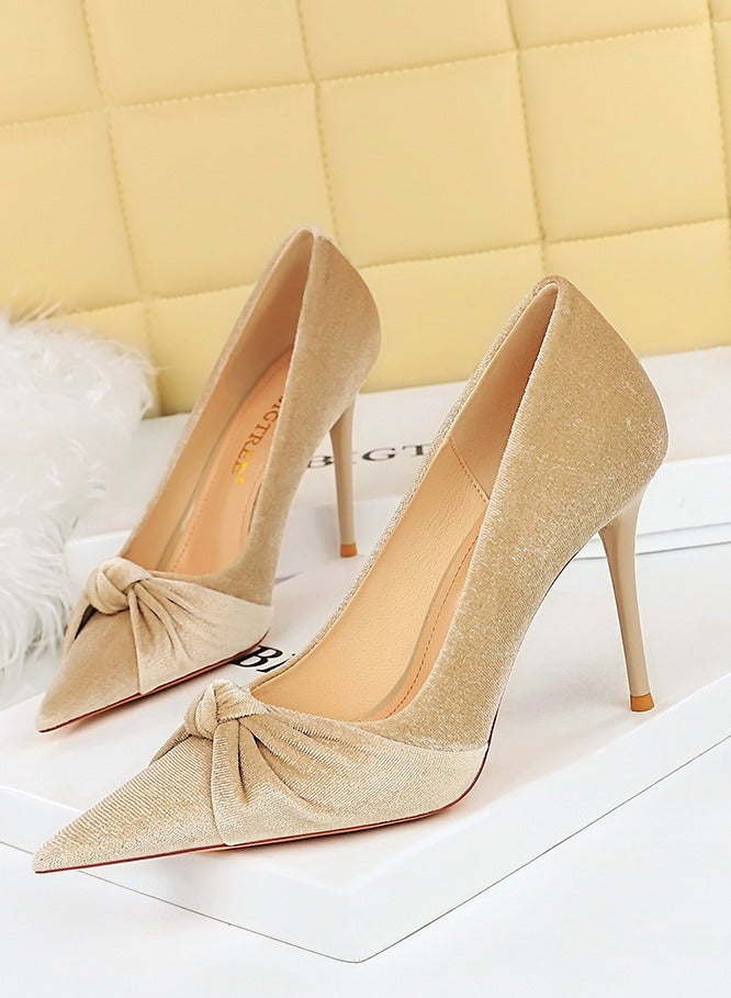 BIGTREE Women's Solid Color Bowknot Stiletto Pumps 10 CM Elegant Gorgeous Closed Pointed Toe Slip On High Heels Beige - Image 1