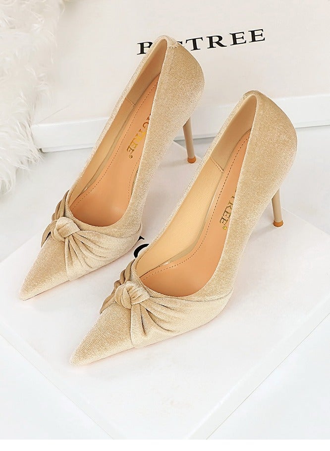 BIGTREE Women's Solid Color Bowknot Stiletto Pumps 10 CM Elegant Gorgeous Closed Pointed Toe Slip On High Heels Beige - Image 3