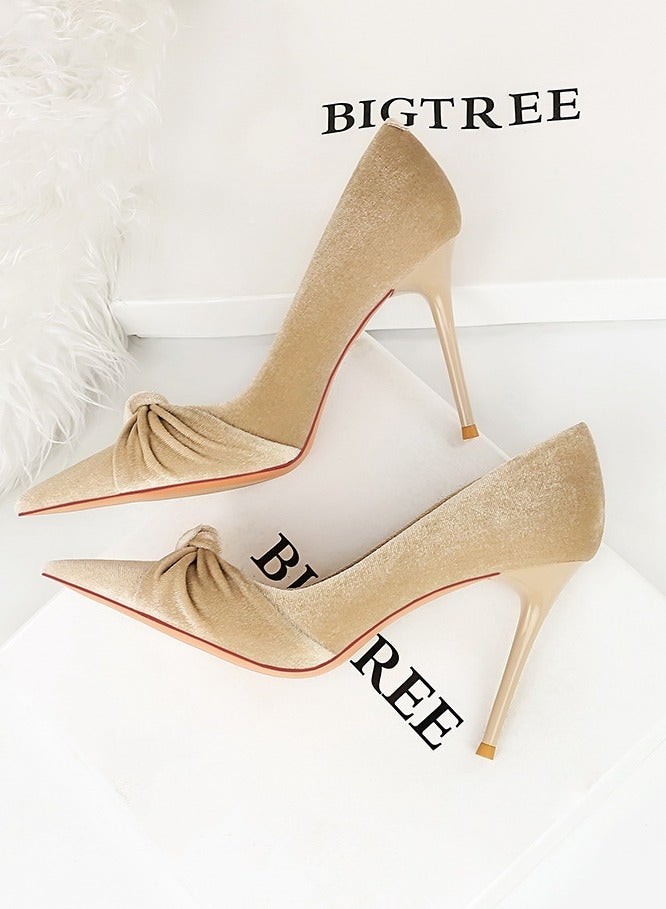 BIGTREE Women's Solid Color Bowknot Stiletto Pumps 10 CM Elegant Gorgeous Closed Pointed Toe Slip On High Heels Beige - Image 4