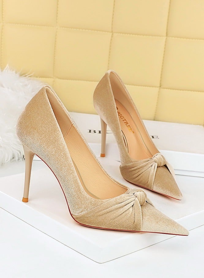 BIGTREE Women's Solid Color Bowknot Stiletto Pumps 10 CM Elegant Gorgeous Closed Pointed Toe Slip On High Heels Beige - Image 2