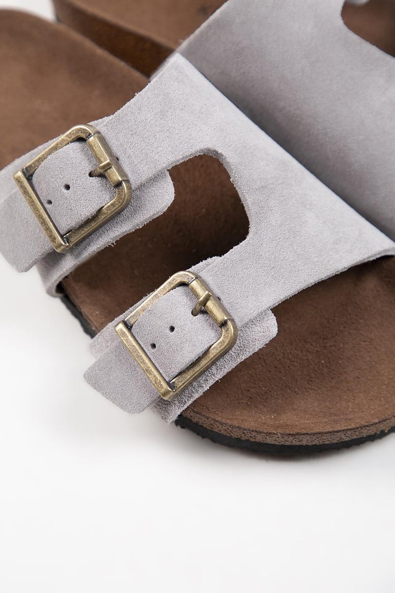 Krahe Jose Men's Genuine Leather Double Buckle Grey Slippers - Image 5