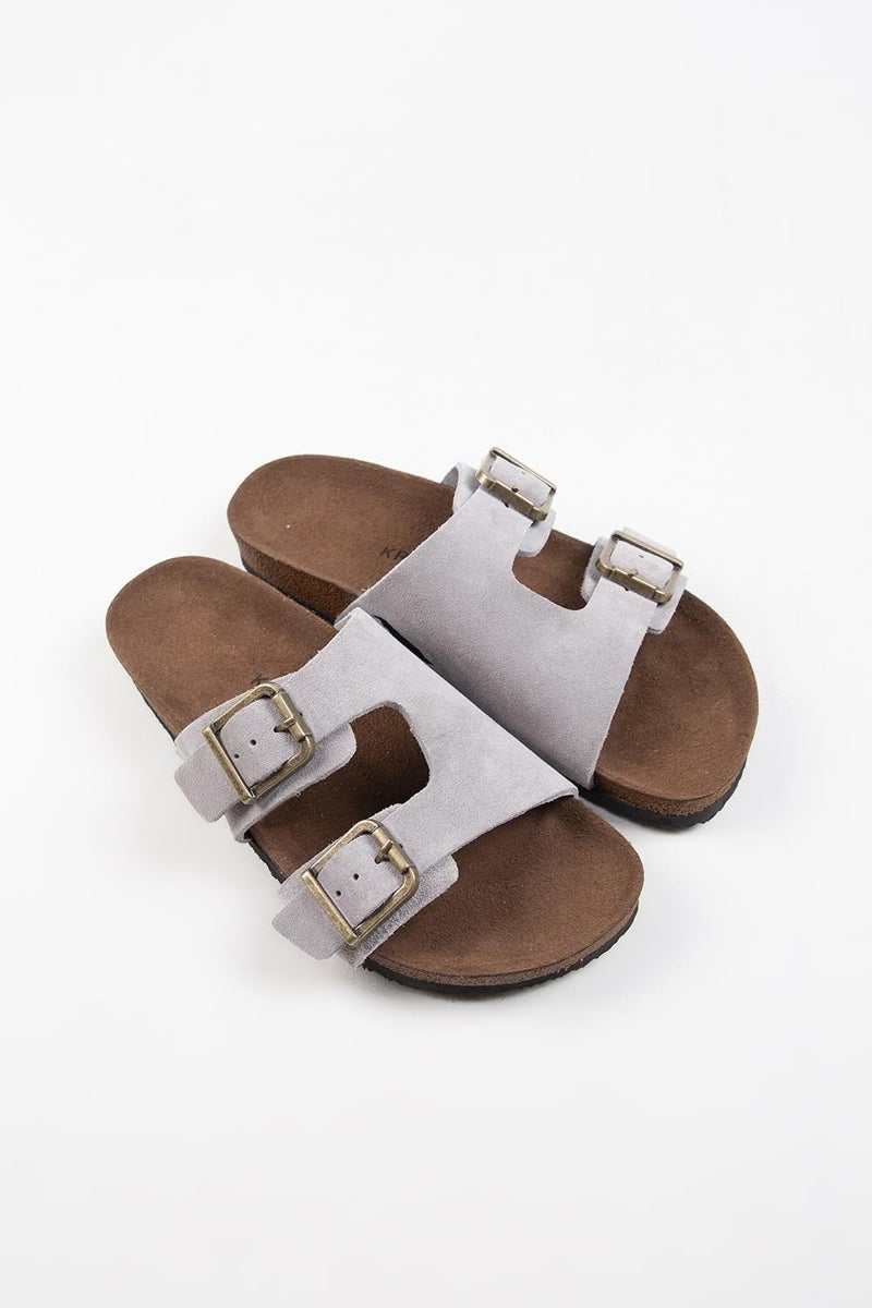 Krahe Jose Men's Genuine Leather Double Buckle Grey Slippers - Image 3