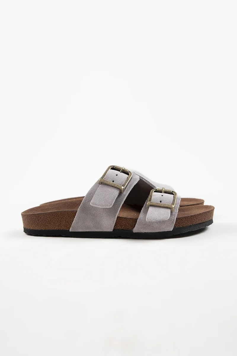 Krahe Krahe Jose Men's Genuine Leather Double Buckle Grey Slippers