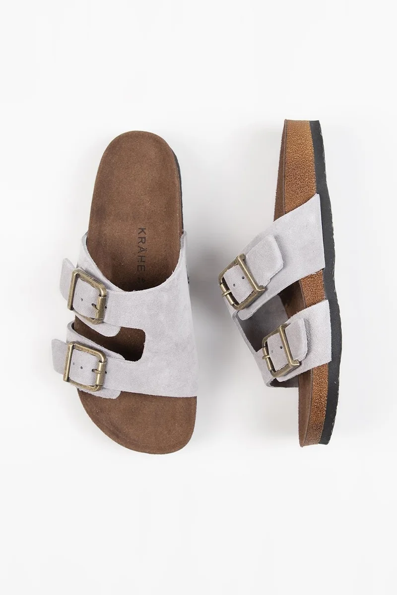 Krahe Krahe Jose Men's Genuine Leather Double Buckle Grey Slippers