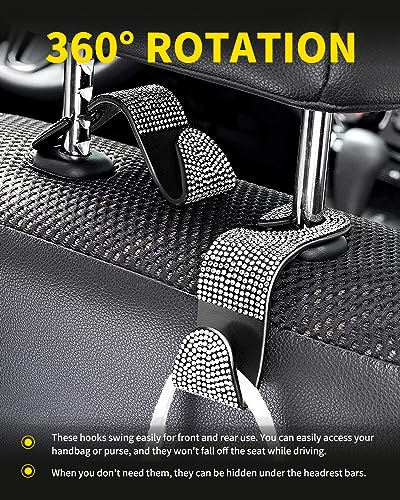 MEALAM 4 Pack Blink Diamond Car Seat Headrest Hooks Crystal Rhinestone Car Purse Holder Universal Interior Accessories for Handbags Water Bottles Coats Umbrellas White - Image 5