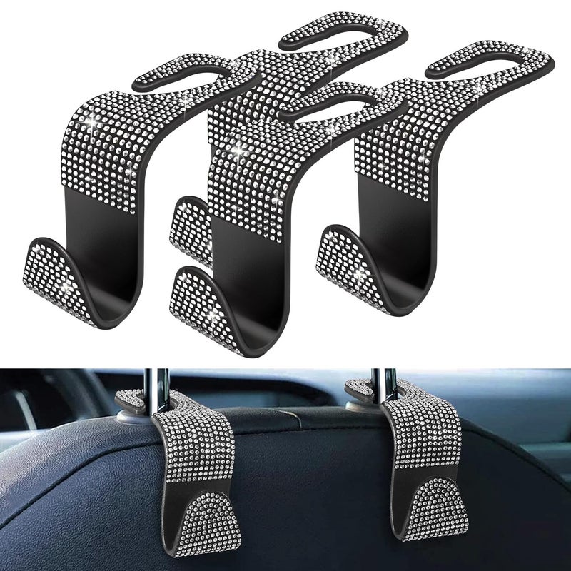 MEALAM 4 Pack Blink Diamond Car Seat Headrest Hooks Crystal Rhinestone Car Purse Holder Universal Interior Accessories for Handbags Water Bottles Coats Umbrellas White - Image 2